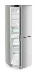 Product image, Perspective: oblique half-open empty, Combined fridge-freezer with EasyFresh and NoFrost, Casing colour: silver, Door colour: Steelfinish