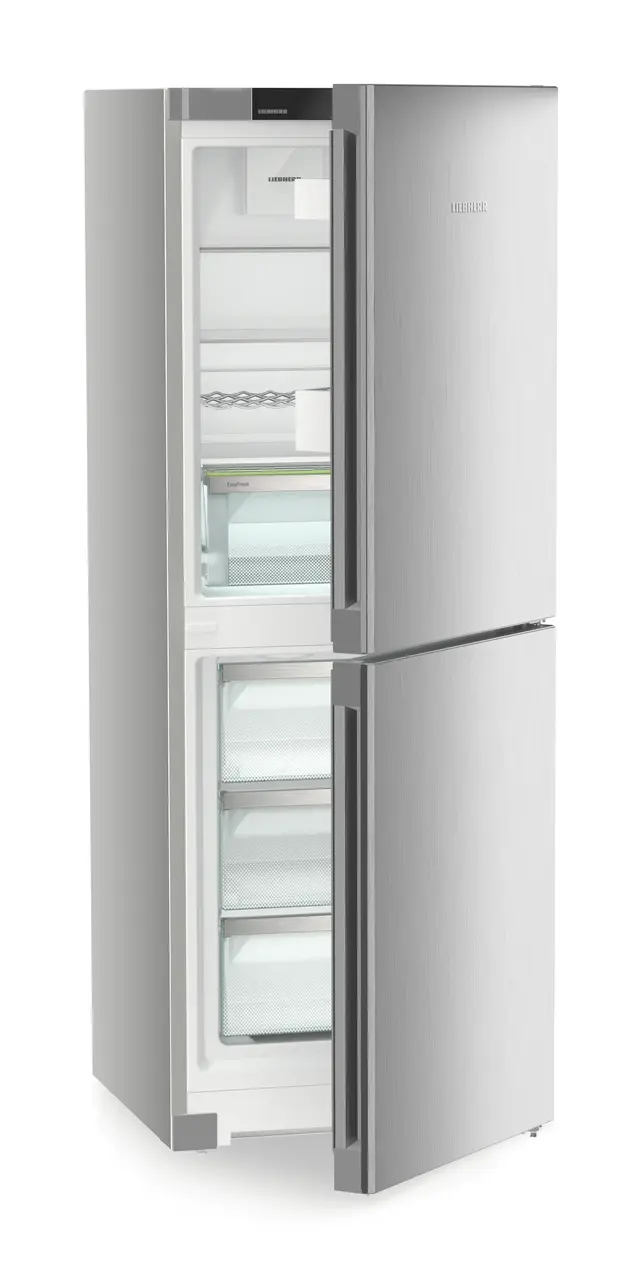 Product image, Perspective: oblique half-open empty, Combined fridge-freezer with EasyFresh and NoFrost, Casing colour: silver, Door colour: Steelfinish