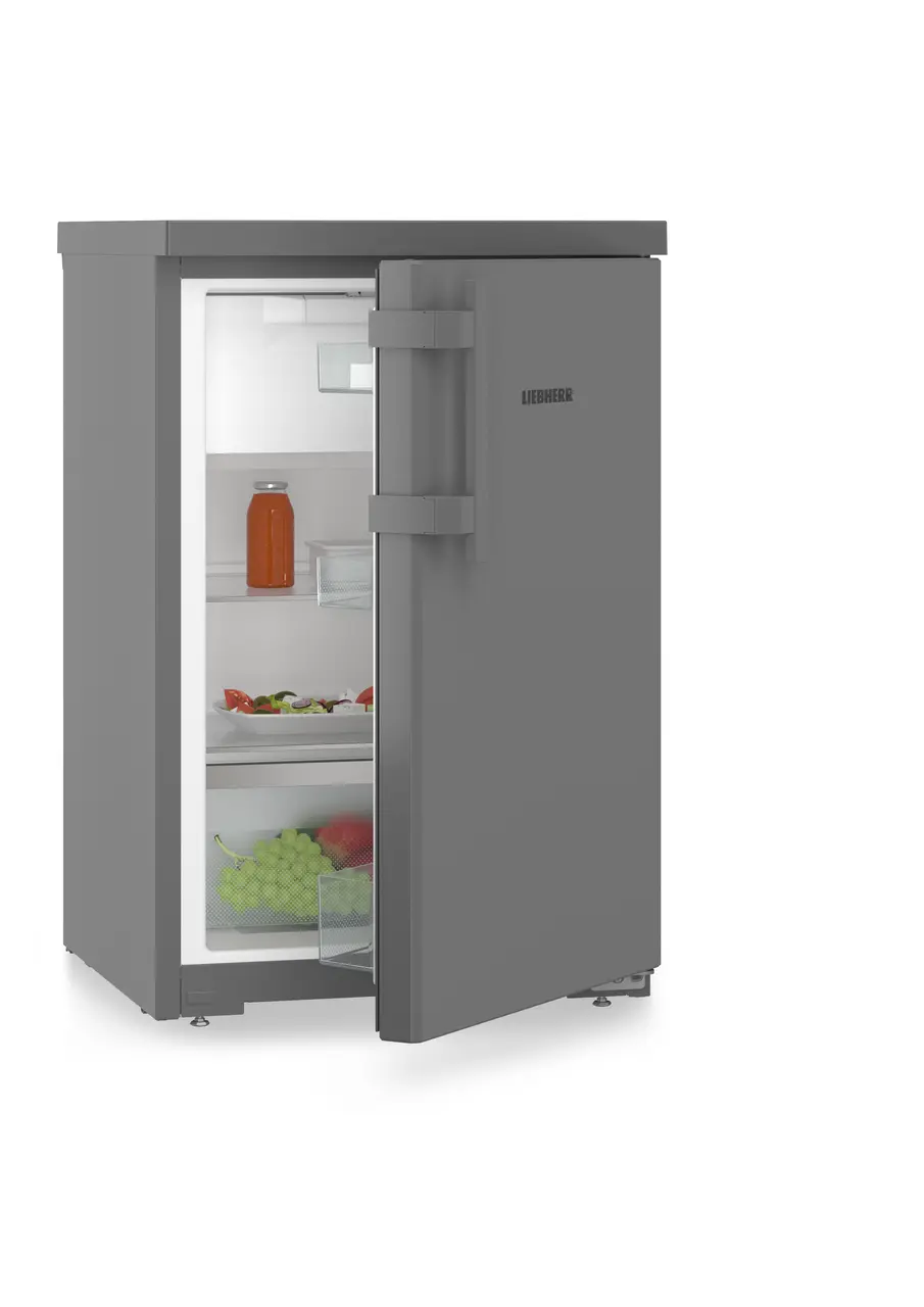 Product image, Perspective: oblique half-open decorated, Table top refrigerator, Casing colour: DarkGrey, Door colour: DarkGrey