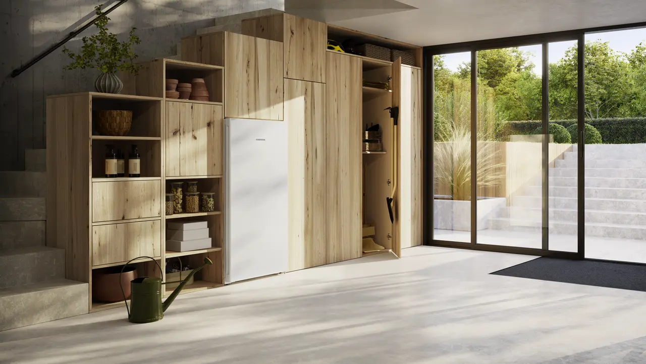 Produkt-Bild, Perspektive: Milieu, Standgefrierschrank mit NoFrost und umweltbewussten Materialien, Gehäusefarbe: Weiß, Türfarbe: Weiß