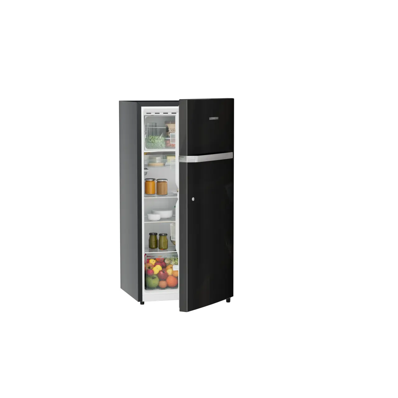 Product image, Perspective: oblique half-open decorated, Single-door refrigerator 191 l in 5 star with inverter compressor, Casing colour: grey, Door colour: Black Gloss