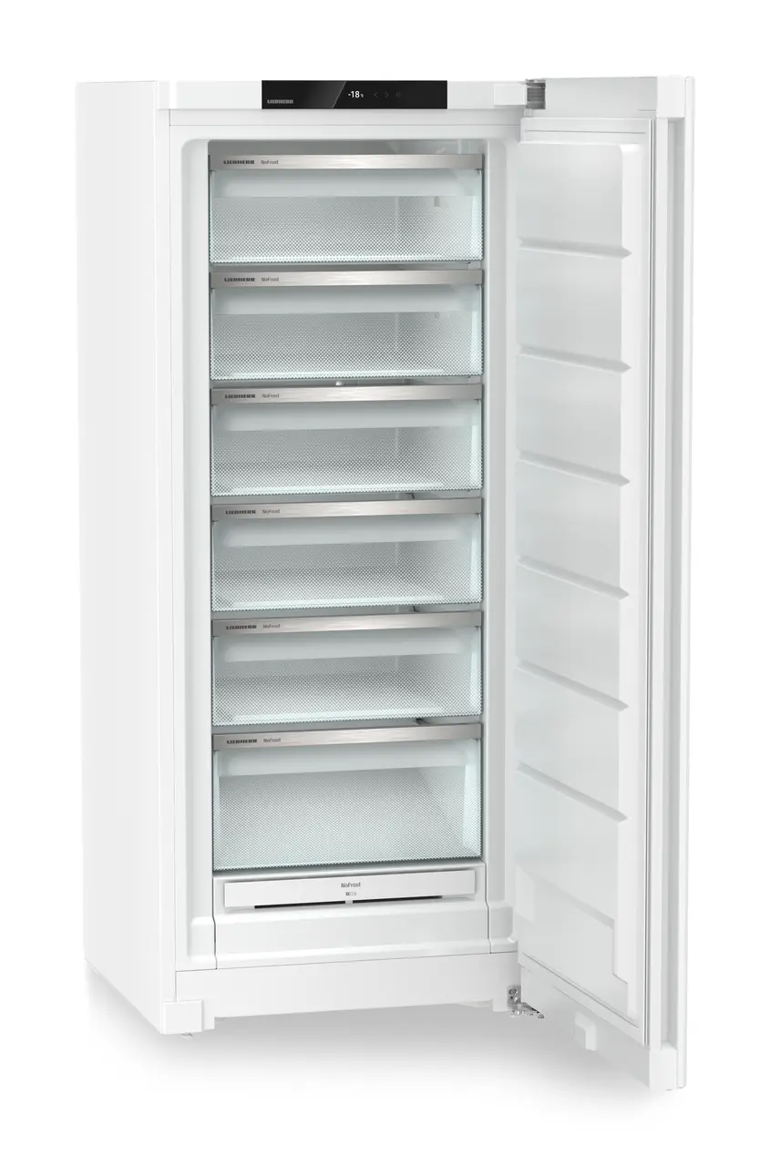 Produkt-Bild, Perspektive: schräg offen leer, Standgefrierschrank mit NoFrost, Gehäusefarbe: Weiß, Türfarbe: Weiß
