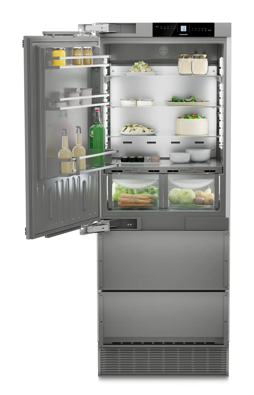Product image, Perspective: straight open decorated, Combined refrigerator-freezer with BioFresh and NoFrost for integrated use, Casing colour: Anthracite