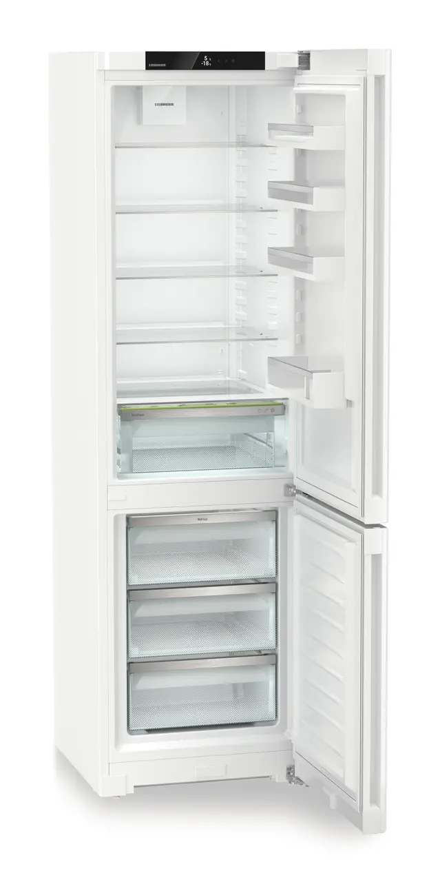 Product image, Perspective: oblique open empty, Combined fridge-freezers with EasyFresh and NoFrost, Casing colour: white, Door colour: white