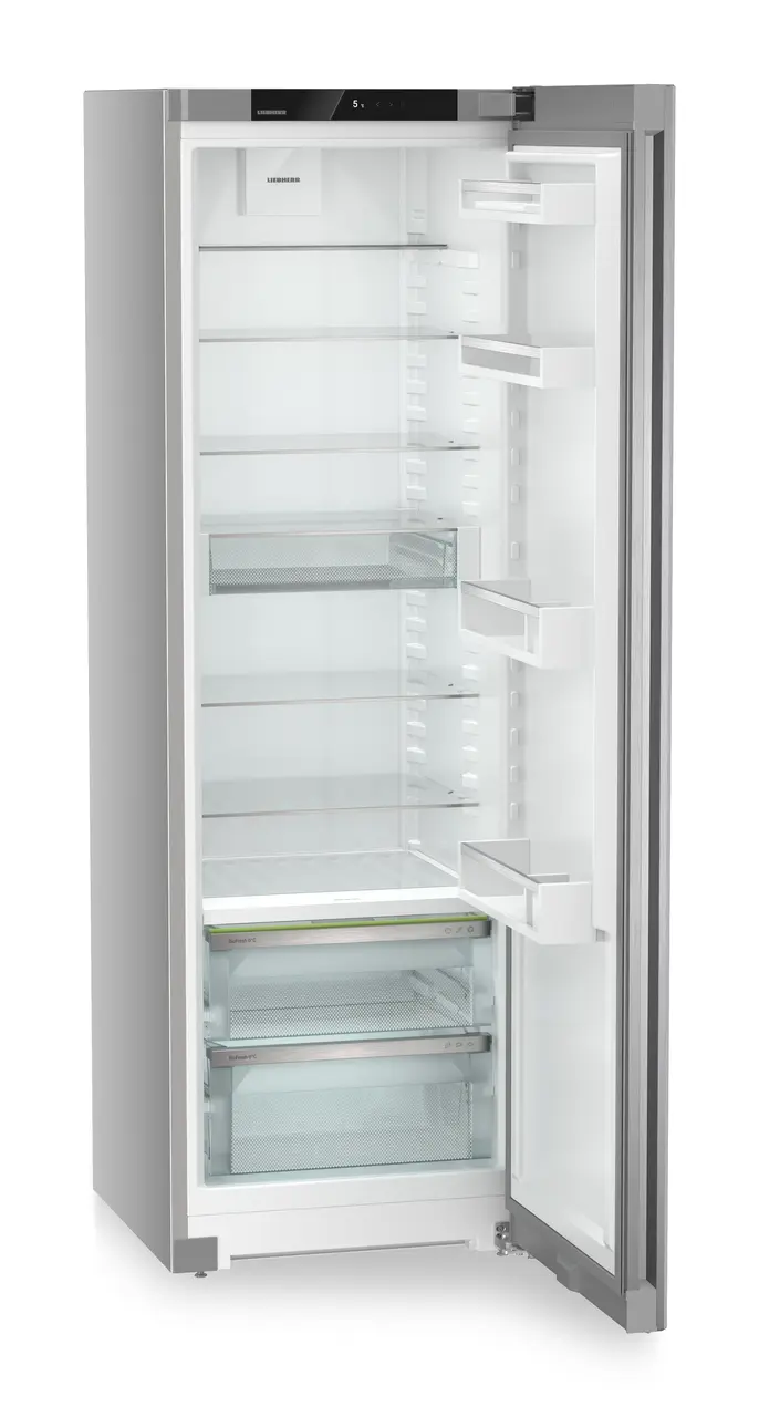 Produkt-Bild, Perspektive: schräg offen leer, Standkühlschrank mit BioFresh, Gehäusefarbe: Silver, Türfarbe: Steelfinish