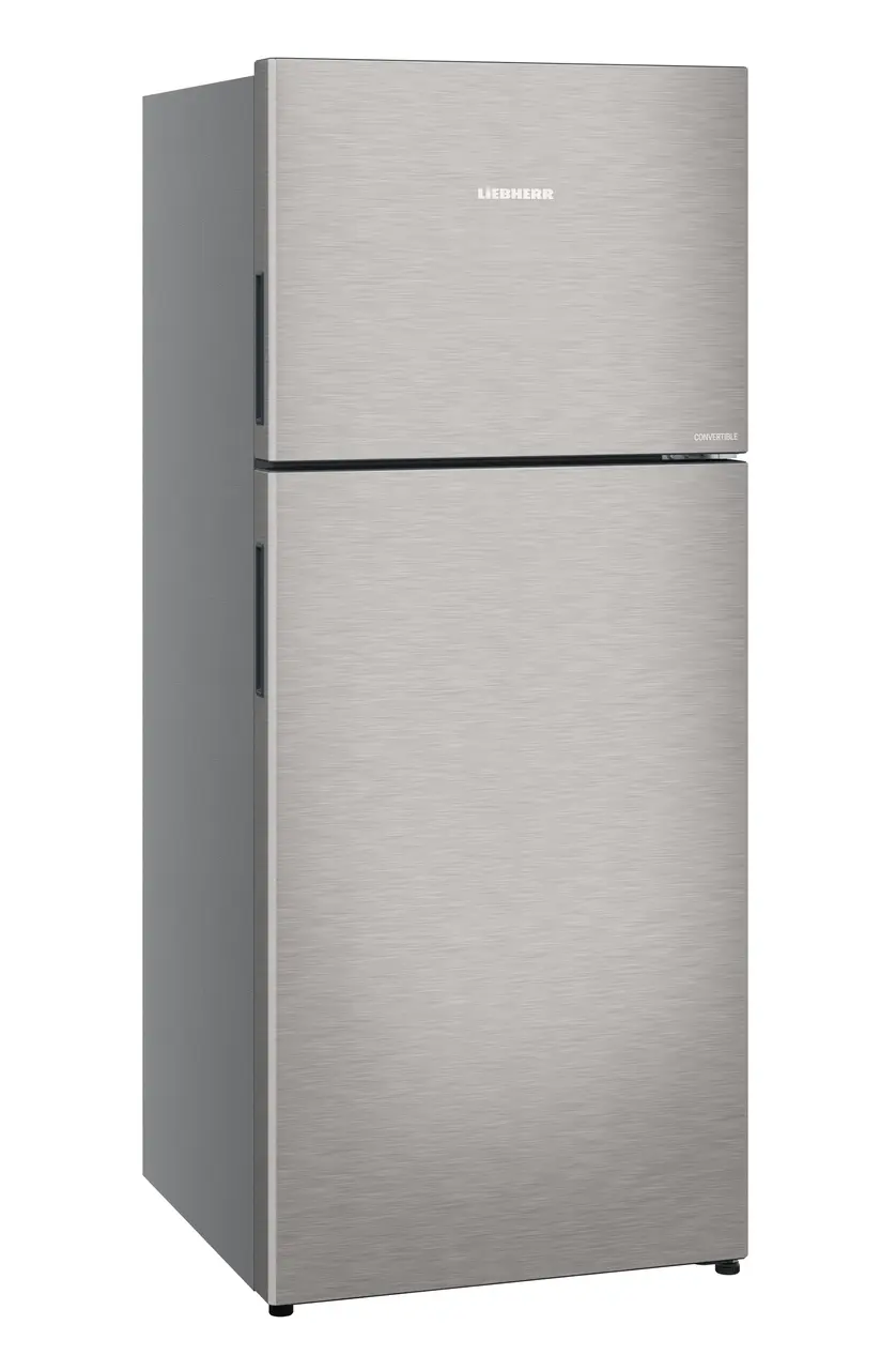 Product image, Perspective: oblique closed, Fridge-freezer with NoFrost, Casing colour: grey, Door colour: Stainless Steel