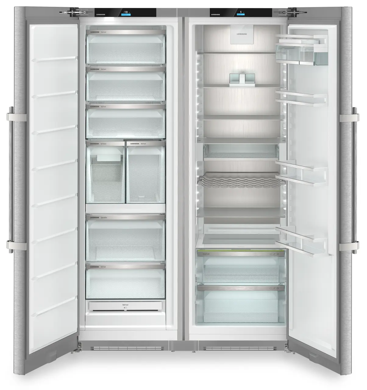 Изображение на продукта, Перспектива: Отпред, отворен, празен, Комбинация Side-by-Side, Цвят на корпуса: фино сребро, Цвят на вратата: благородна стомана