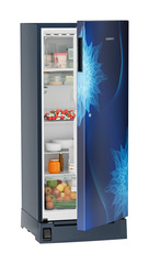 Product image, Perspective: oblique half-open decorated, Single-door refrigerator 202 l in 3 star with foot pedal base drawer, Casing colour: blue, Door colour: Blue Mystiq