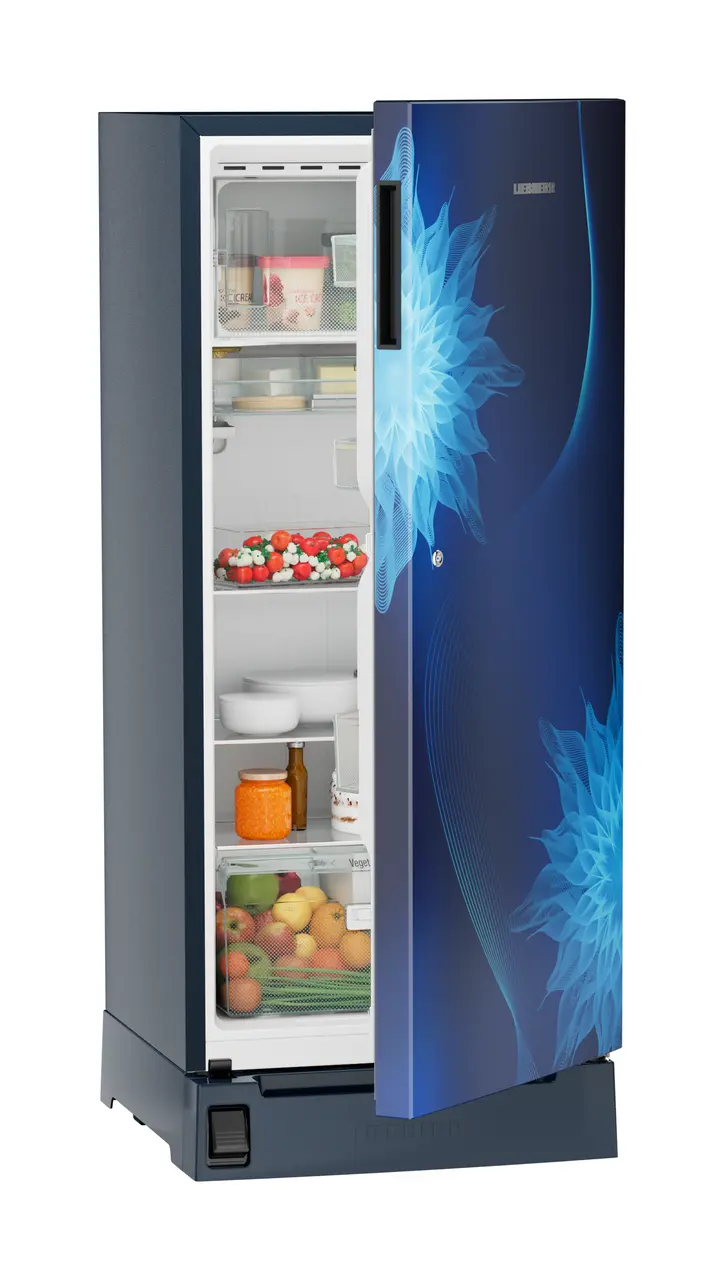 Product image, Perspective: oblique half-open decorated, Single-door refrigerator 202 l in 3 star with foot pedal base drawer, Casing colour: blue, Door colour: Blue Mystiq