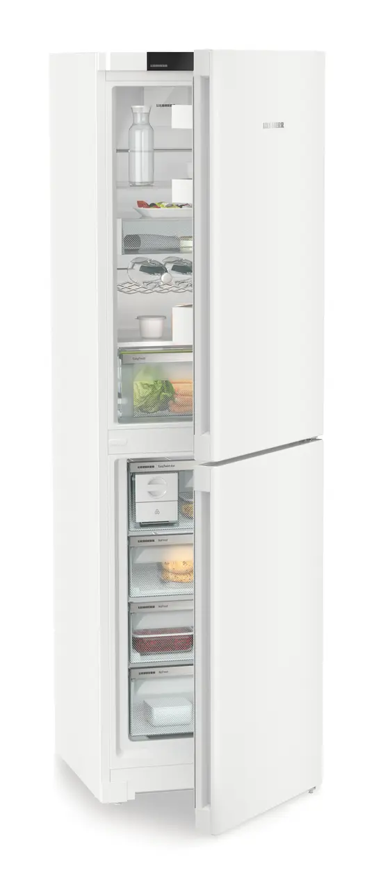 Product image, Perspective: oblique half-open decorated, Combined fridge-freezers with EasyFresh and NoFrost, Casing colour: white, Door colour: white
