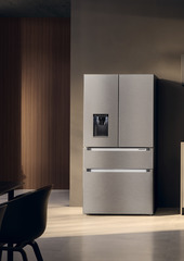 Slika izdelka, Perspektiva: Ambient, Hladilnik z zamrzovalnikom s francoskimi vrati z 2 zamrzovalnima predaloma in razpršilnikom vode in ledenih kock, Barva ohišja: srebrna, Barva vrat: nerjavno jeklo