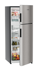 Product image, Perspective: oblique half-open decorated, Fridge-freezer with NoFrost, Casing colour: grey, Door colour: Stainless Steel