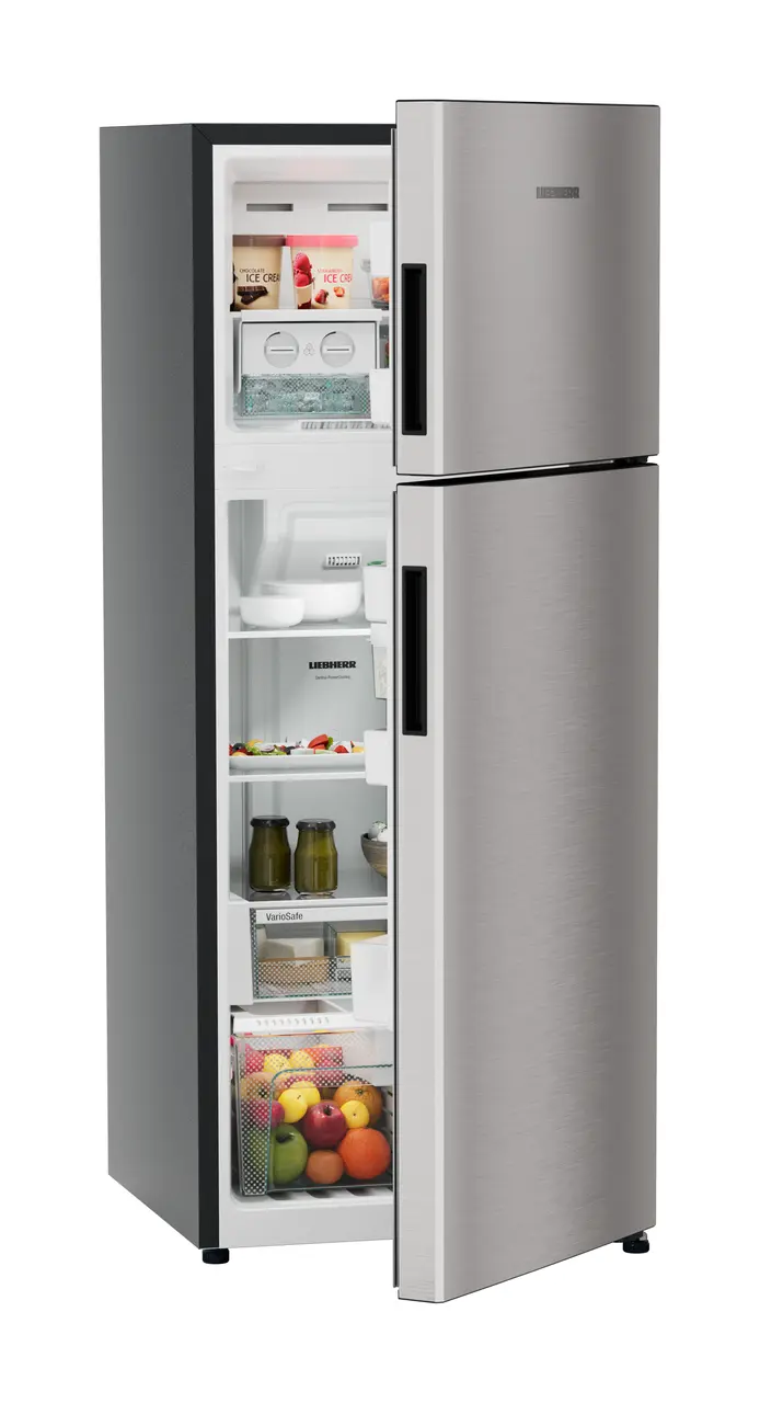 Product image, Perspective: oblique half-open decorated, Fridge-freezer with NoFrost, Casing colour: grey, Door colour: Stainless Steel