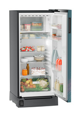 Product image, Perspective: oblique open decorated, Single-door refrigerator 191 l in 5 star with inverter compressor, Casing colour: grey, Door colour: Teal Strings
