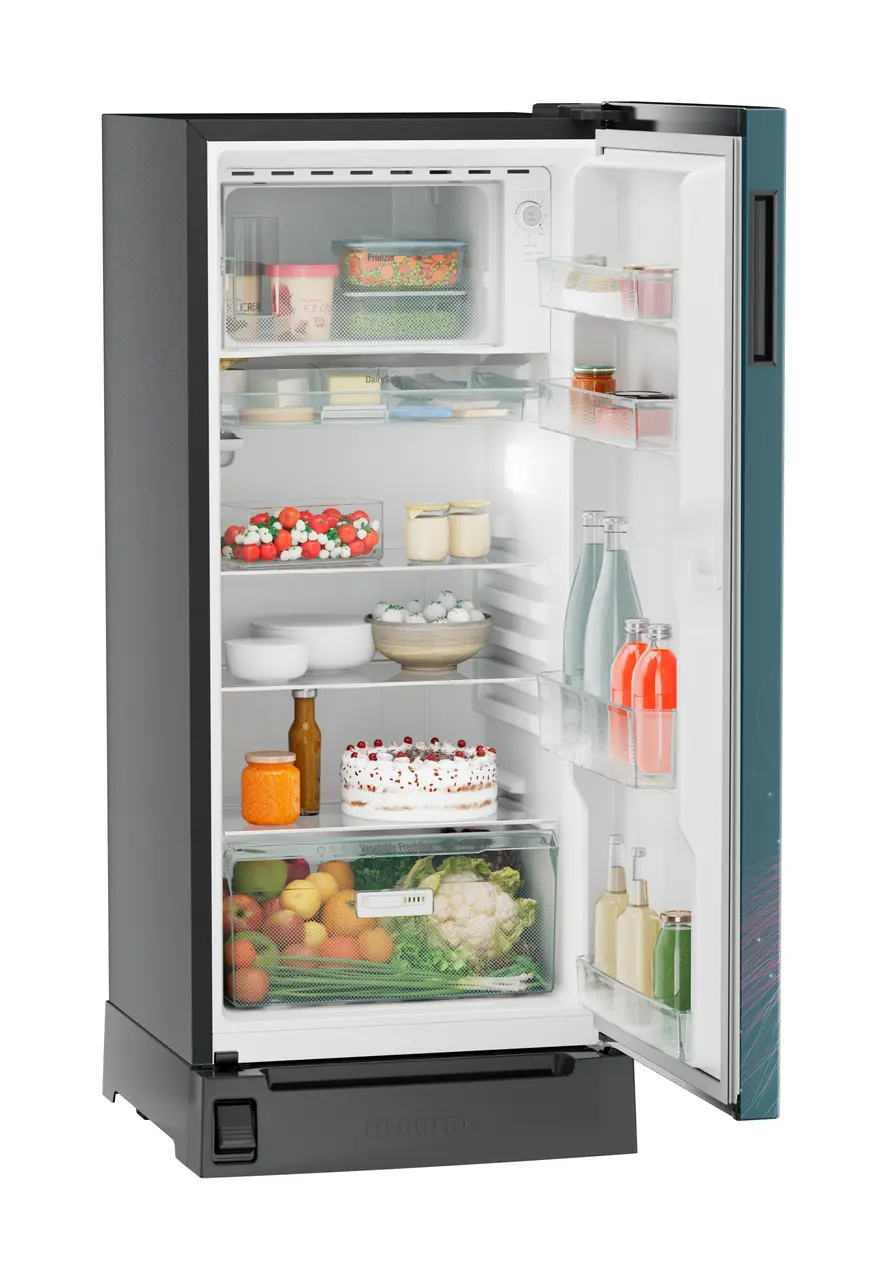 Product image, Perspective: oblique open decorated, Single-door refrigerator 191 l in 5 star with inverter compressor, Casing colour: grey, Door colour: Teal Strings