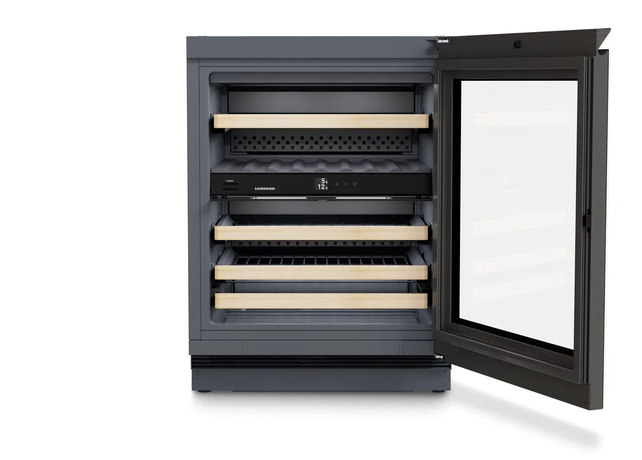 Изображение продукции, Перспектива: Прямо, с открытой дверцей, без продуктов, Винный холодильник подходит для установки под столешницей для темперирования вина., Цвет корпуса: Антрацит