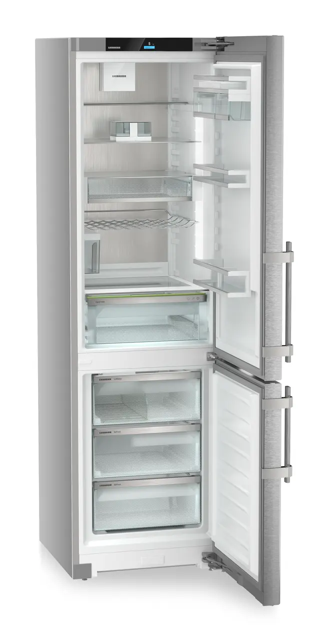 Produktbild, Perspektiv: Vinklad, öppen, tom, Kyl-frys-kombination med EasyFresh och NoFrost, Färg på dörr: Rostfritt stål