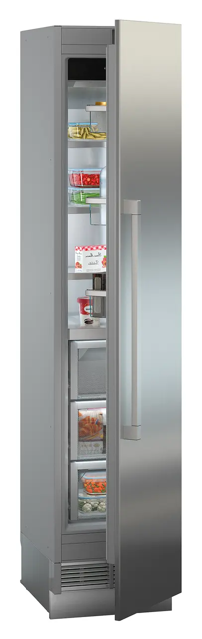 Изображение на продукта, Перспектива: Странично, полуотворен, отворен с продукти, Фризер за вграждане с NoFrost, Цвят на корпуса: сив