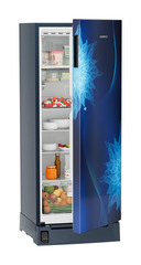 Product image, Perspective: oblique half-open decorated, Single-door refrigerator 222 l in 5 star with foot pedal base drawer, Casing colour: blue, Door colour: Blue Mystiq