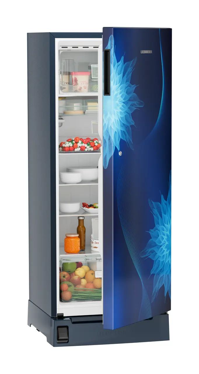 Product image, Perspective: oblique half-open decorated, Single-door refrigerator 222 l in 5 star with foot pedal base drawer, Casing colour: blue, Door colour: Blue Mystiq