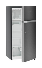 Product image, Perspective: oblique half-open empty, Single-door refrigerator 191 l in 3 star and horizontal handle, Casing colour: grey, Door colour: Silver Steel