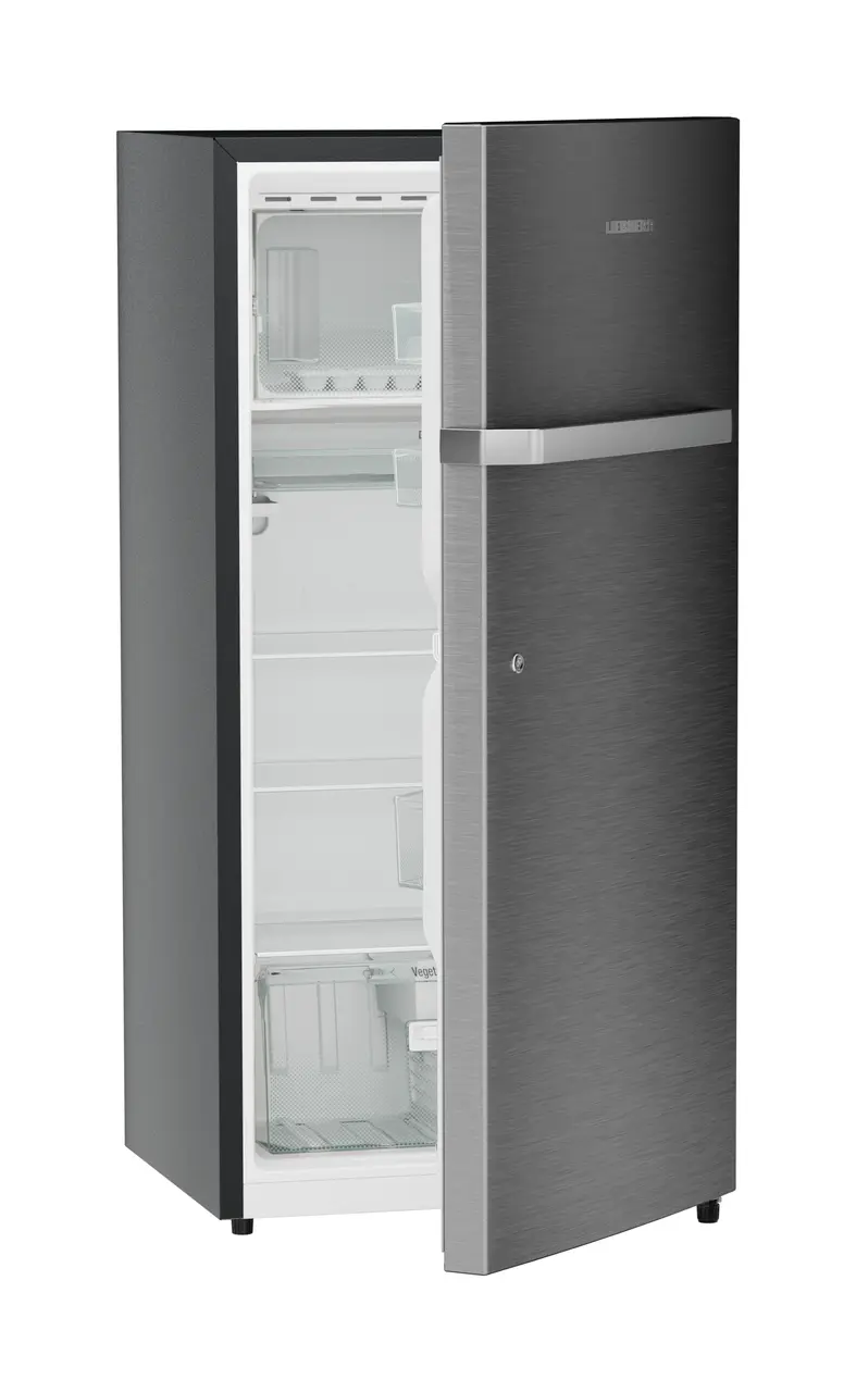 Product image, Perspective: oblique half-open empty, Single-door refrigerator 191 l in 3 star and horizontal handle, Casing colour: grey, Door colour: Silver Steel