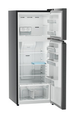 Product image, Perspective: oblique open empty, Fridge-freezer with NoFrost, Casing colour: grey, Door colour: BlackSteel