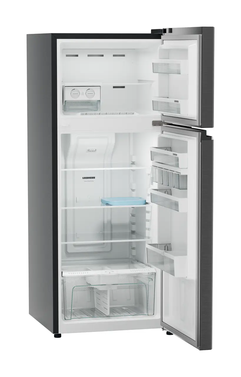 Product image, Perspective: oblique open empty, Fridge-freezer with NoFrost, Casing colour: grey, Door colour: BlackSteel