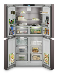 Produkt-Bild, Perspektive: gerade offen dekoriert, 4-türige French-Door-Kühl-Gefrierkombination mit IceMaker, Gehäusefarbe: TerraSteel, Türfarbe: TerraSteel