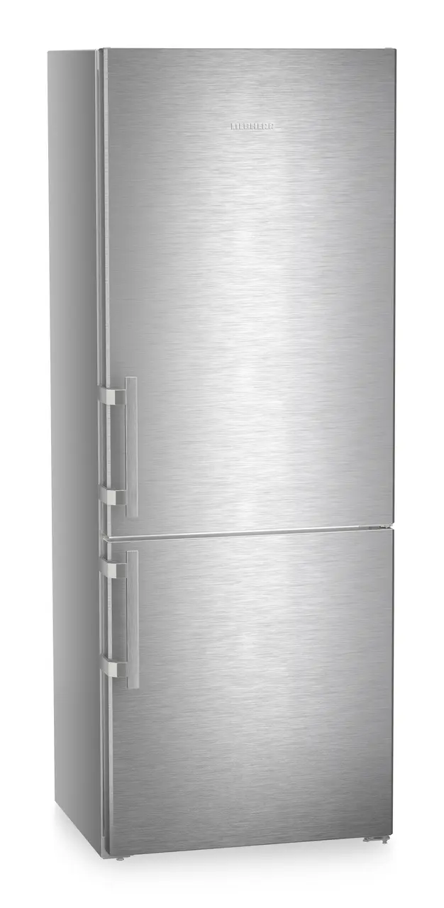 Product image, Perspective: oblique closed, Combined fridge-freezers with EasyFresh and NoFrost, Casing colour: silver, Door colour: stainless steel