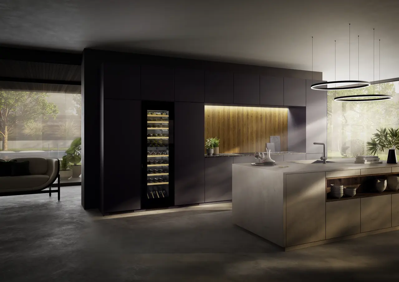 Product image, Perspective: milieu, Built-in multi-temperature wine cabinet, Casing colour: silver, Door colour: GlassBlack