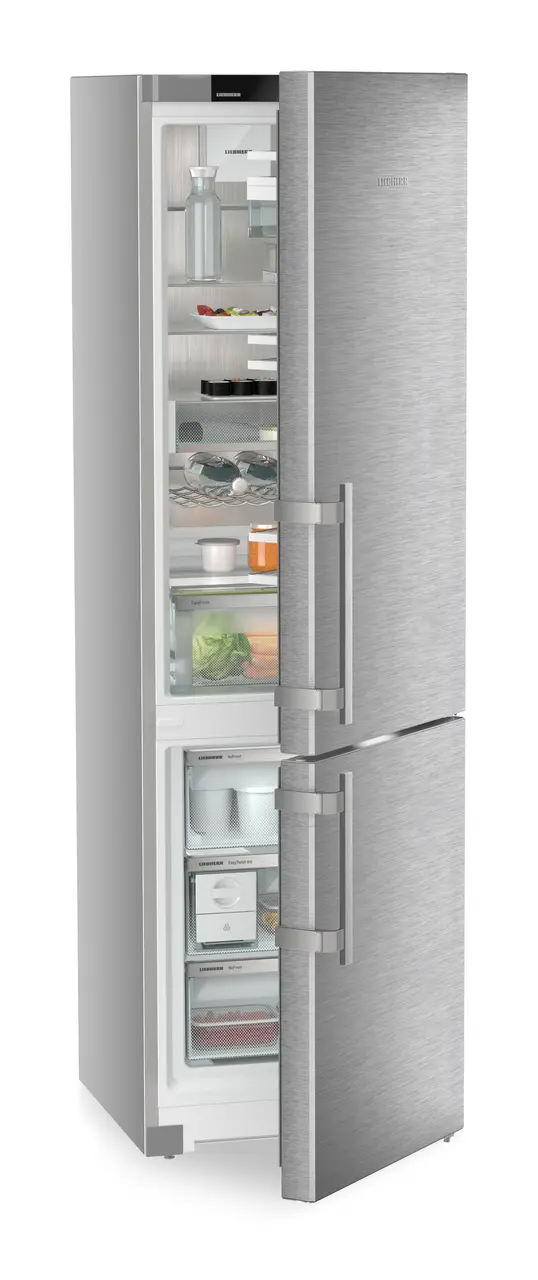 Produktbild, Perspektiv: Vinklad, halvöppen, fylld, Kyl-frys-kombination med EasyFresh och NoFrost, Färg på dörr: Rostfritt stål