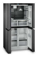Obrázek výrobku, Perspektiva: Zešikma otevřený prázdný, Čtyřdveřová chladnička s mrazničkou French Door s výrobníkem ledu IceMaker, Barva skříně: BlackSteel, Barva dveří: BlackSteel