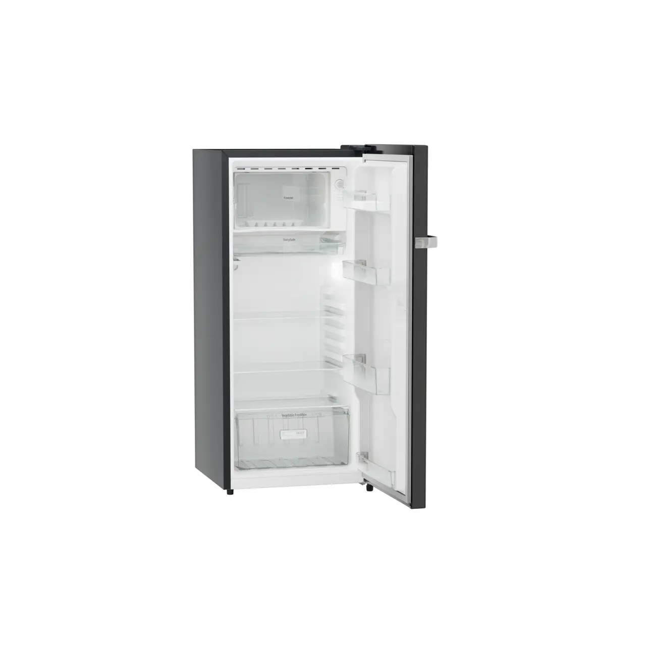 Product image, Perspective: oblique open empty, Single-door refrigerator 202 l in 3 star and horizontal handle, Casing colour: grey, Door colour: Black Gloss