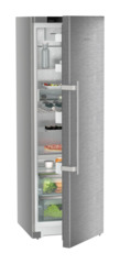 Product image, Perspective: oblique half-open decorated, Freestanding fridge with EasyFresh, Casing colour: silver, Door colour: stainless steel
