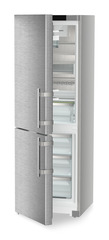 Product image, Perspective: oblique half-open empty, Combined fridge-freezers with EasyFresh and NoFrost, Casing colour: silver, Door colour: stainless steel