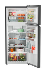 Product image, Perspective: straight open decorated, Fridge-freezer with NoFrost, Casing colour: grey, Door colour: BlackSteel