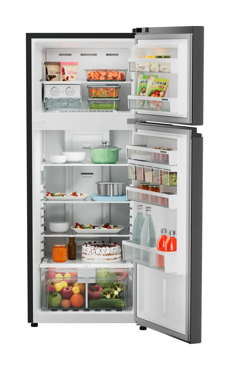 Product image, Perspective: straight open decorated, Fridge-freezer with NoFrost, Casing colour: grey, Door colour: BlackSteel