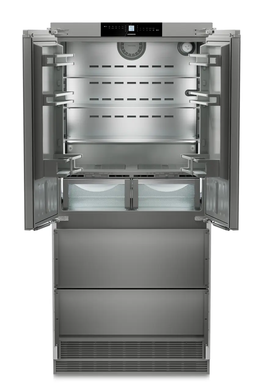 Product image, Perspective: straight open empty, Combined refrigerator-freezer with BioFresh and NoFrost for integrated use, Casing colour: Anthracite