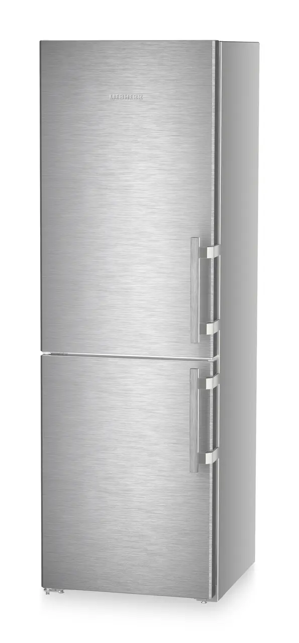 Product image, Perspective: oblique closed, Combined fridge-freezers with EasyFresh and NoFrost, Casing colour: silver, Door colour: stainless steel