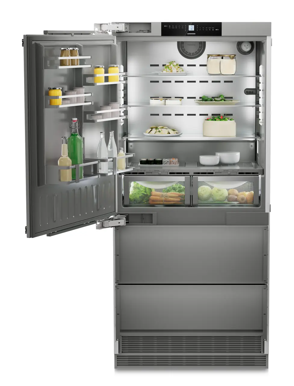 Product image, Perspective: straight open decorated, Combined refrigerator-freezer with BioFresh and NoFrost for integrated use, Casing colour: Anthracite