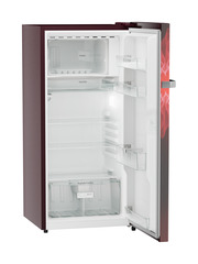 Product image, Perspective: oblique open empty, Single-door refrigerator 191 l in 4 star with iCoolTouch UI, Casing colour: red, Door colour: Red Mystiq