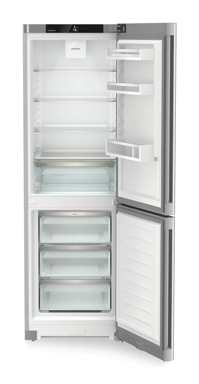 Product image, Perspective: straight open empty, Combined fridge-freezers with EasyFresh and NoFrost, Casing colour: silver, Door colour: Steelfinish