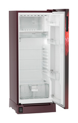 Product image, Perspective: oblique open empty, Single-door refrigerator 222 l in 3 star with foot pedal base drawer, Casing colour: red, Door colour: Red Mystiq