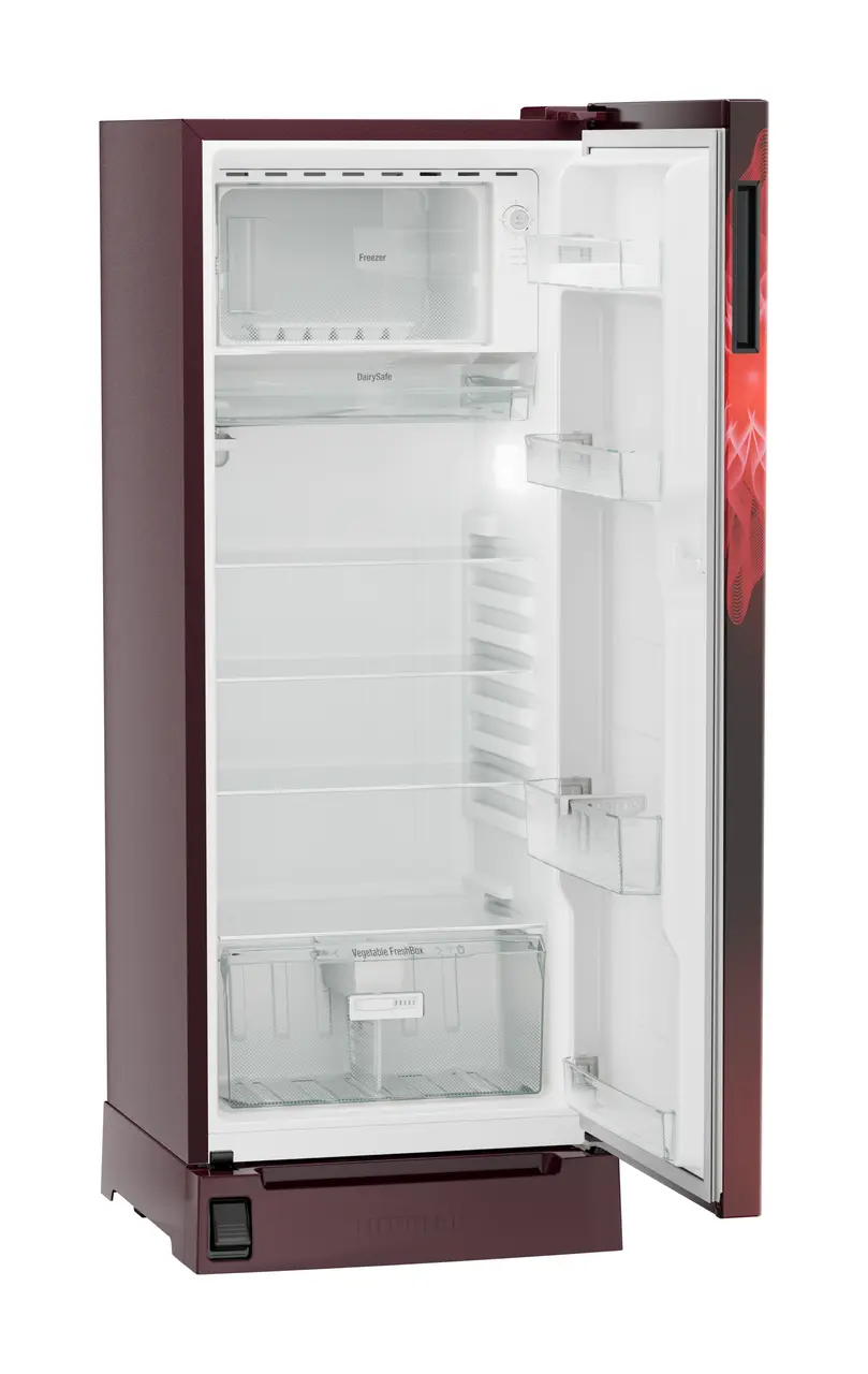 Product image, Perspective: oblique open empty, Single-door refrigerator 222 l in 3 star with foot pedal base drawer, Casing colour: red, Door colour: Red Mystiq