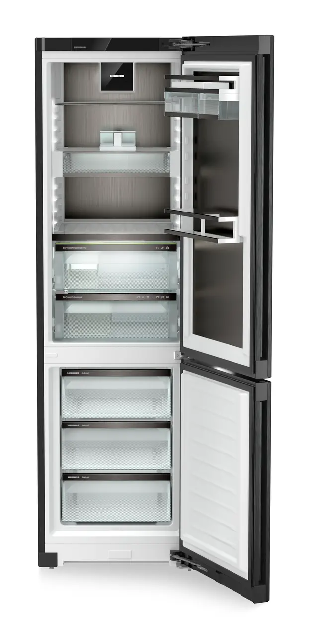 Product image, Perspective: straight open empty, Fridge-freezer with BioFresh Professional and NoFrost, Casing colour: BlackSteel, Door colour: BlackSteel