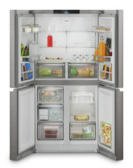 Produkt-Bild, Perspektive: gerade offen dekoriert, 4-türige French-Door-Kühl-Gefrierkombination mit EasyTwist-Ice, Gehäusefarbe: Silver, Türfarbe: Edelstahl