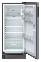 Product image, Perspective: straight open empty, Single-door refrigerator 202 l in 3 star with foot pedal base drawer, Casing colour: grey, Door colour: Silver Steel