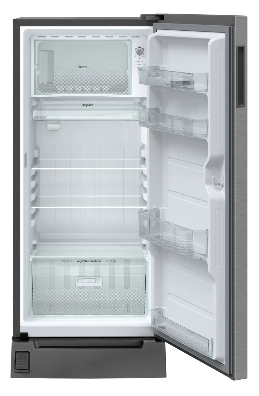 Product image, Perspective: straight open empty, Single-door refrigerator 202 l in 3 star with foot pedal base drawer, Casing colour: grey, Door colour: Silver Steel
