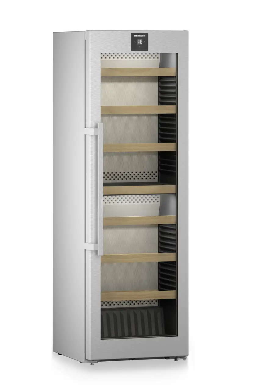 Product image, Perspective: oblique closed empty, Multi-temperature wine cabinet, Casing colour: silver, Door colour: stainless steel